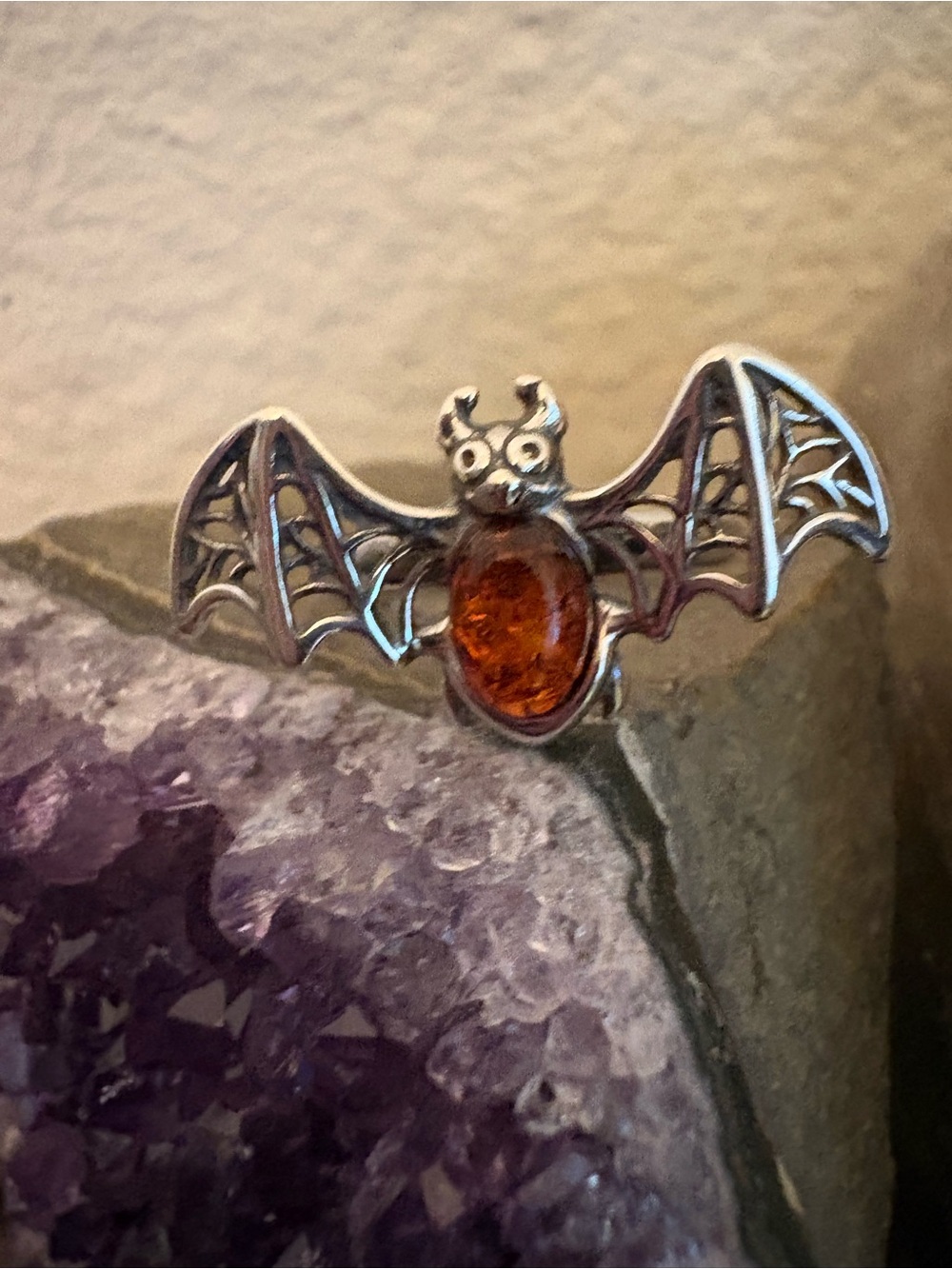 925 Sterling Silver Bat Oval Amber Bezel Ring Size 6 Gothic
